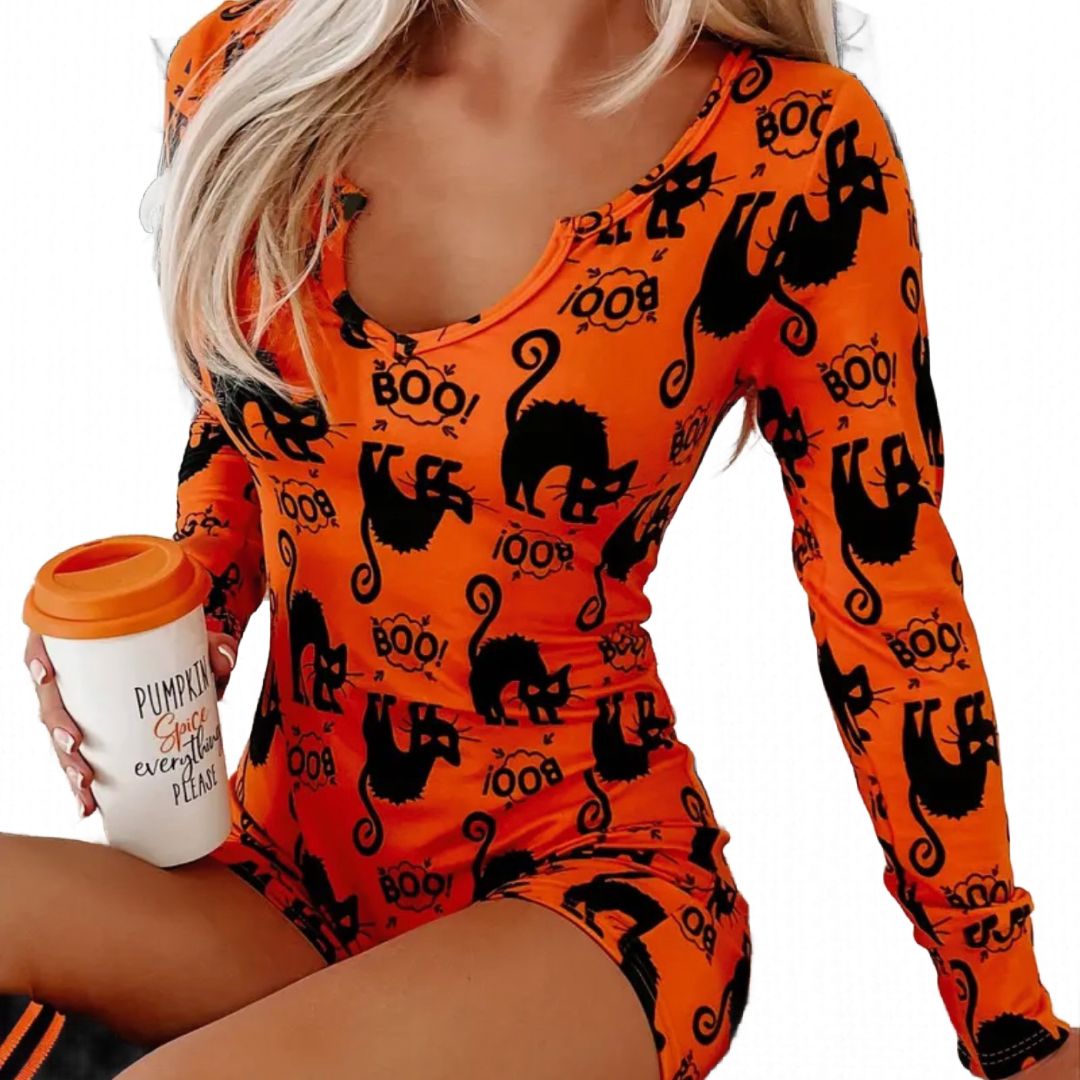 Halloween BOO Black Cat Bodysuit Loungewear PJ V-Neck Jumpsuit Size XL / 12