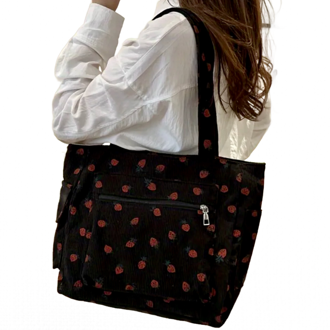 Black Corduroy Zipper Front Tote Bag Strawberry Pattern Shoulder Bag Purse New