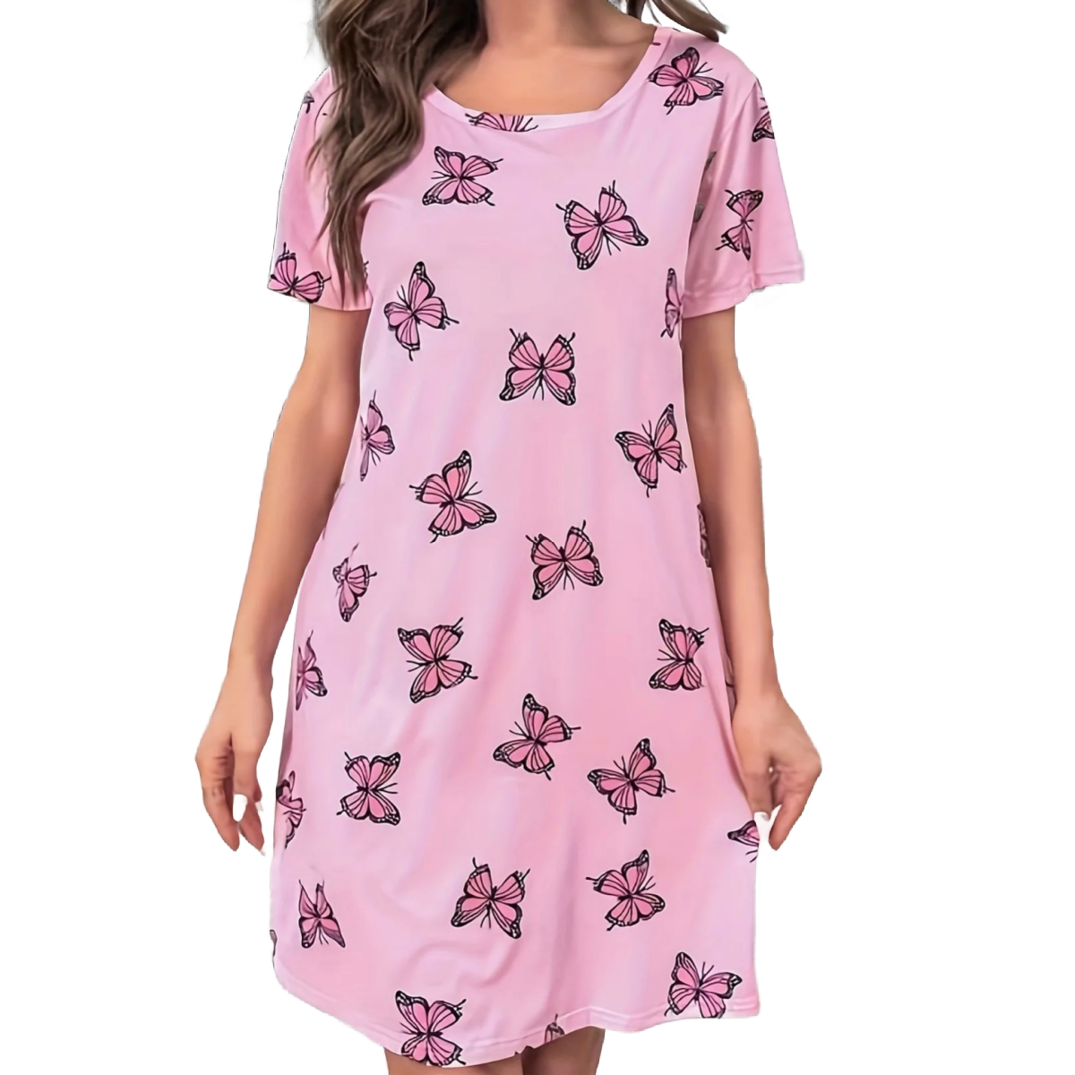 Casual Pink Butterfly Nightdress Crew Neck Short Sleeve Soft Sleep Dress New