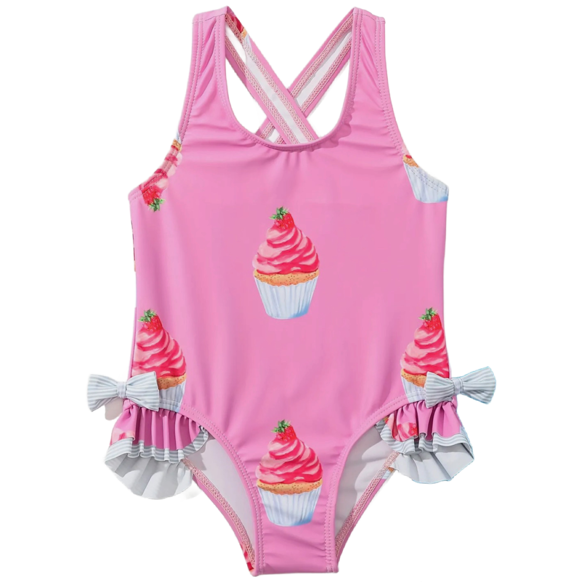 Cupcake Print Swimwear Girl's Size 4/5 Ruffle Criss-Cross Straps Swimsuit New