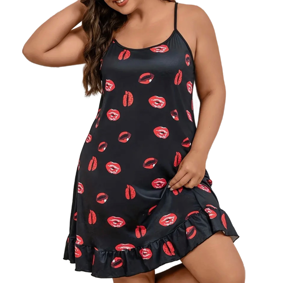 Red Lips Lingerie Slip Nightdress PJ Loungewear Ruffle Trim Sexy Cami Pajamas