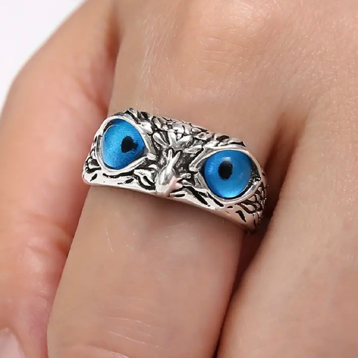 Blue Eye Cute Owl Silver Ring Adjustable Size Bird Unique Unisex Fun New