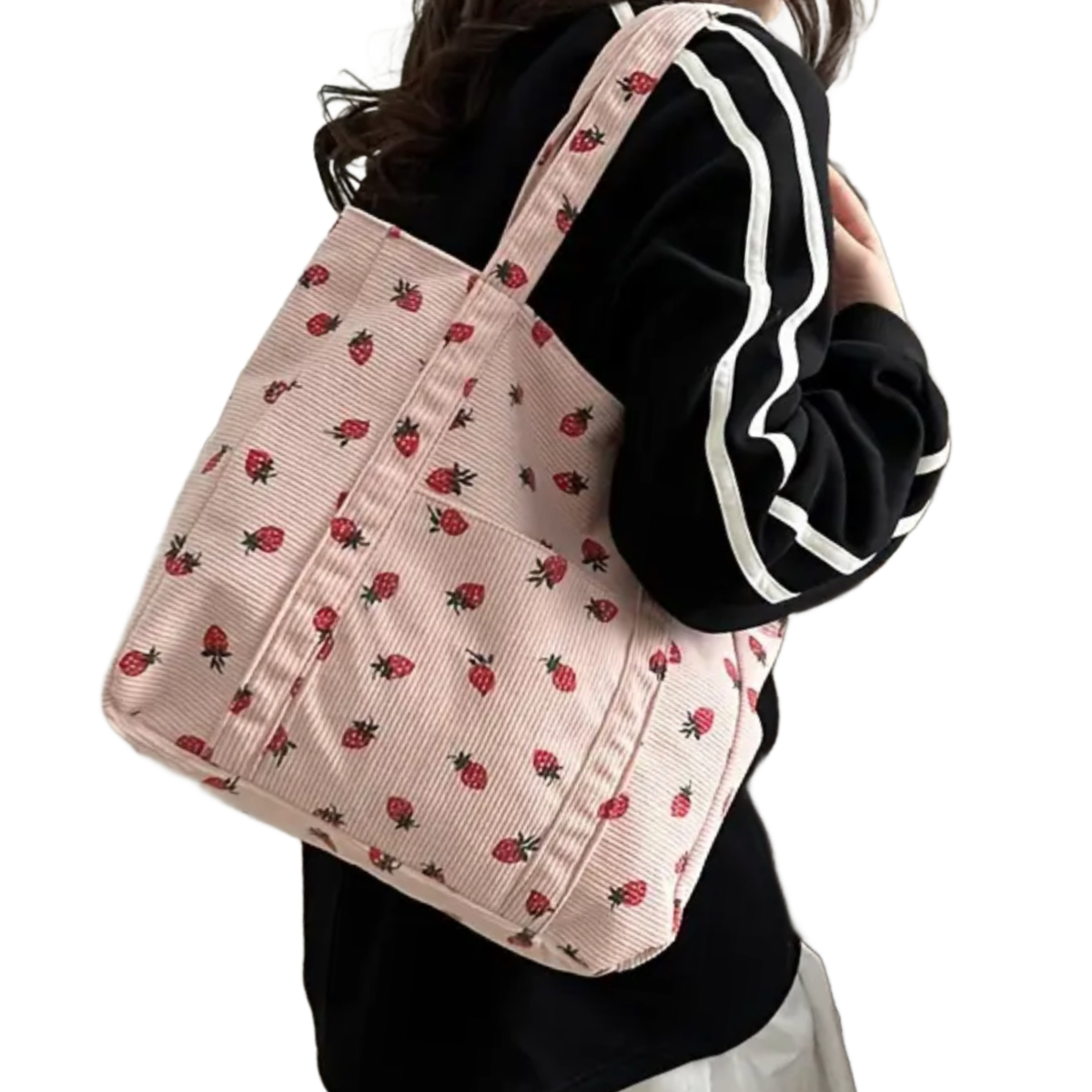 Corduroy Tote Bag Strawberry Pattern Large 13"x12" Shoulder Bag Purse New