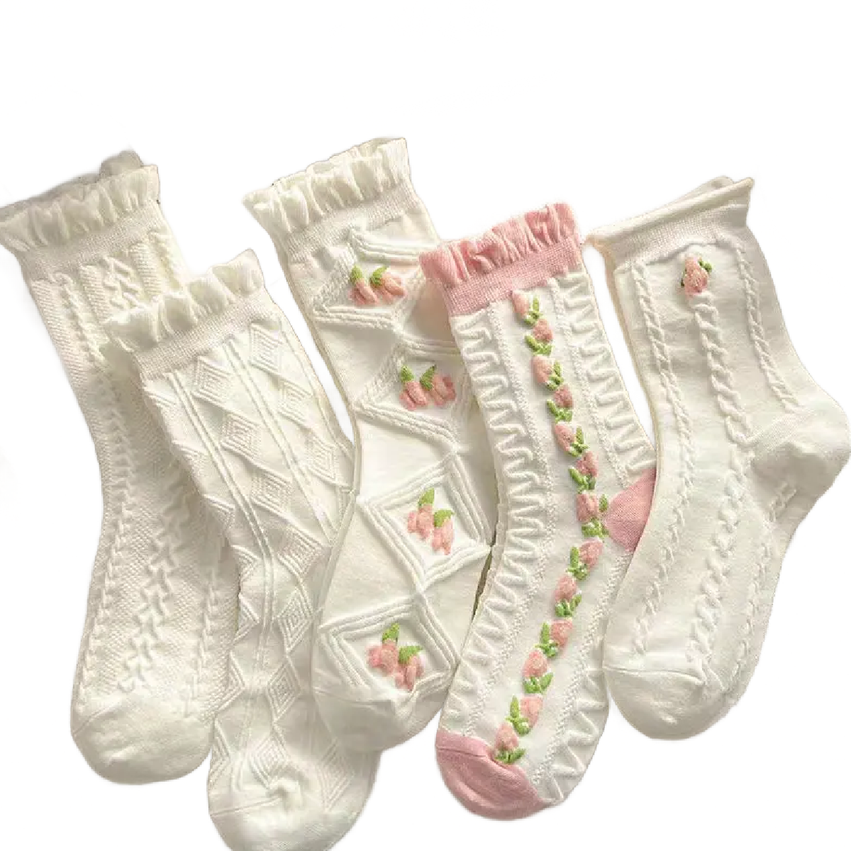 5 Pairs of Floral White Socks w/ Pink Flowers Textured, Ruffle Trim New Lot