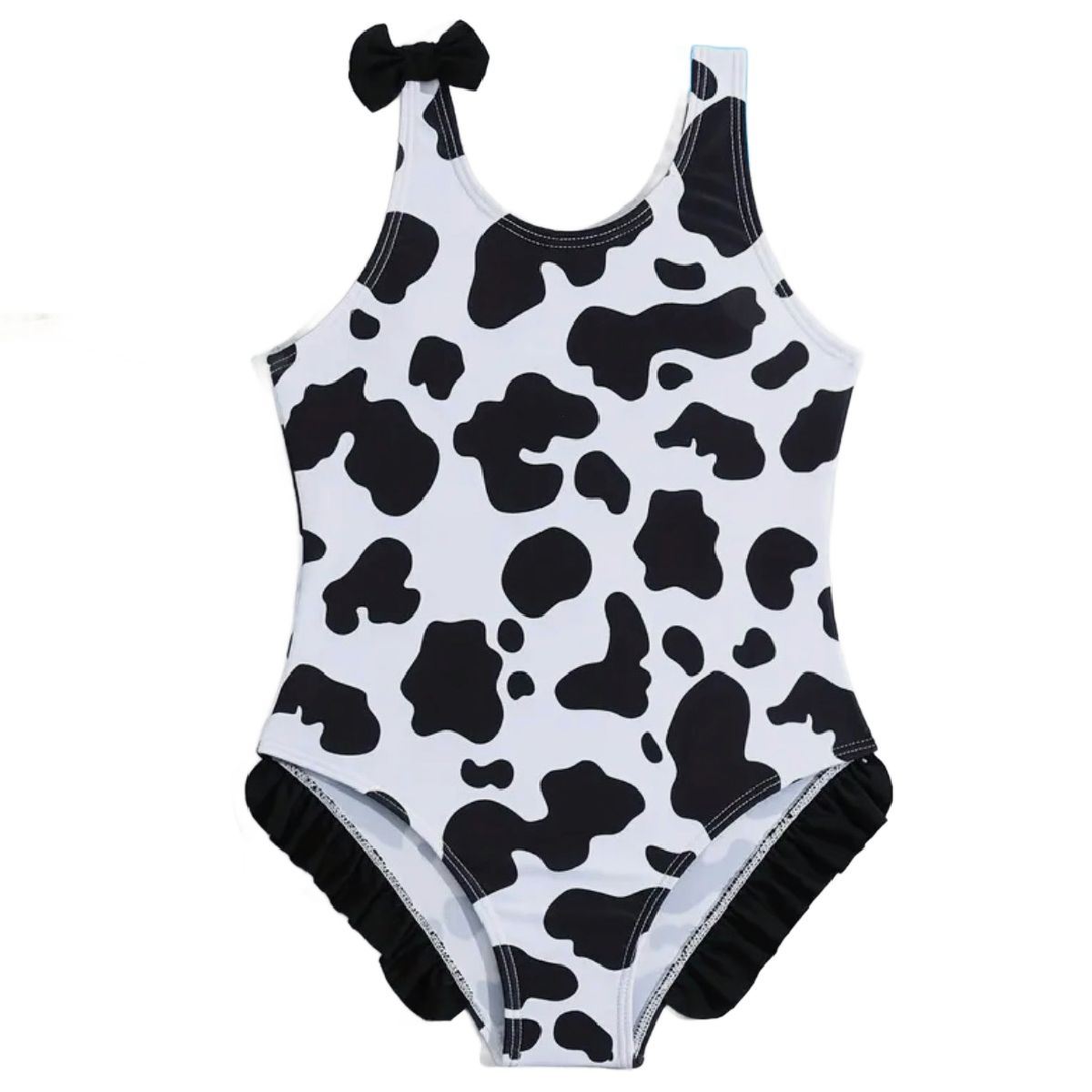 Cow Print One-Piece Swimwear w/ Bow & Ruffle Bathing Swimsuit Wide Straps New