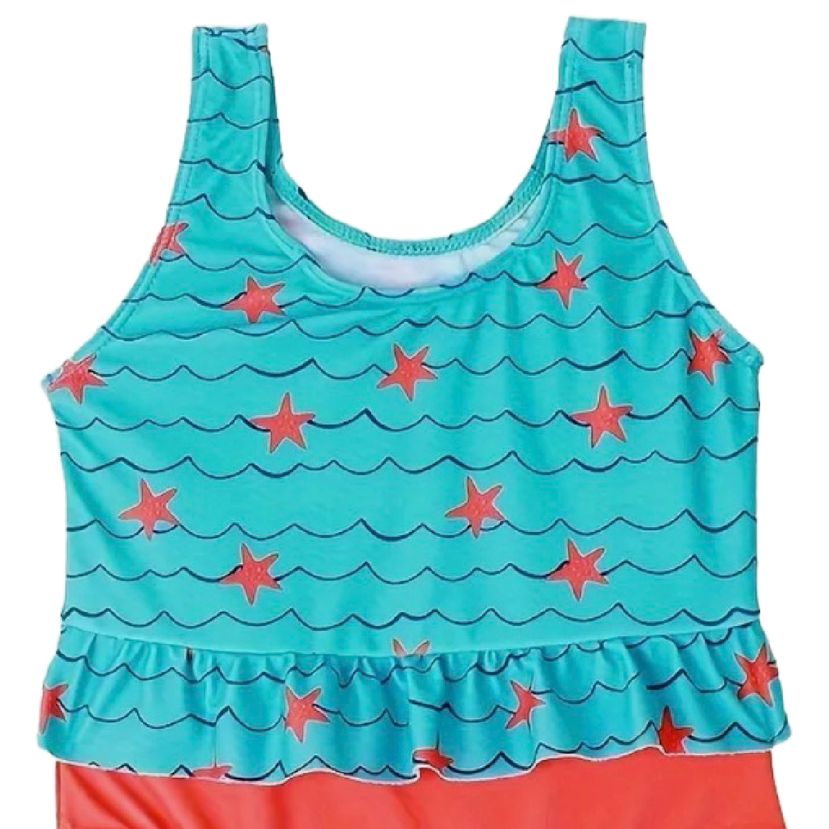 Wave Starfish 1pc Swimwear Size 5/6 Ruffle Trim Bathing Swimsuit Coral Turquoise