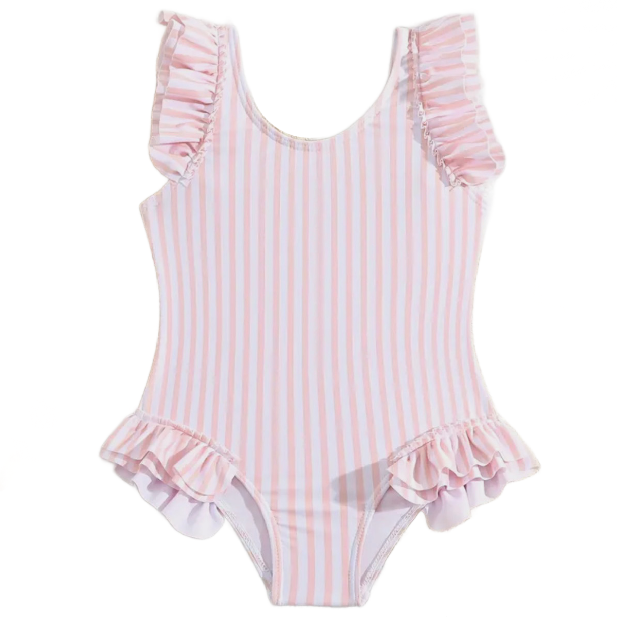 Blush Pink White Striped Swimwear Girl's Size 5/6 Ruffle Straps Swimsuit New