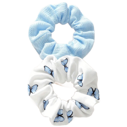 2pc Butterfly Hair Texture Scrunchies Elastic Ties Set Comfortable Blue Lot NEW