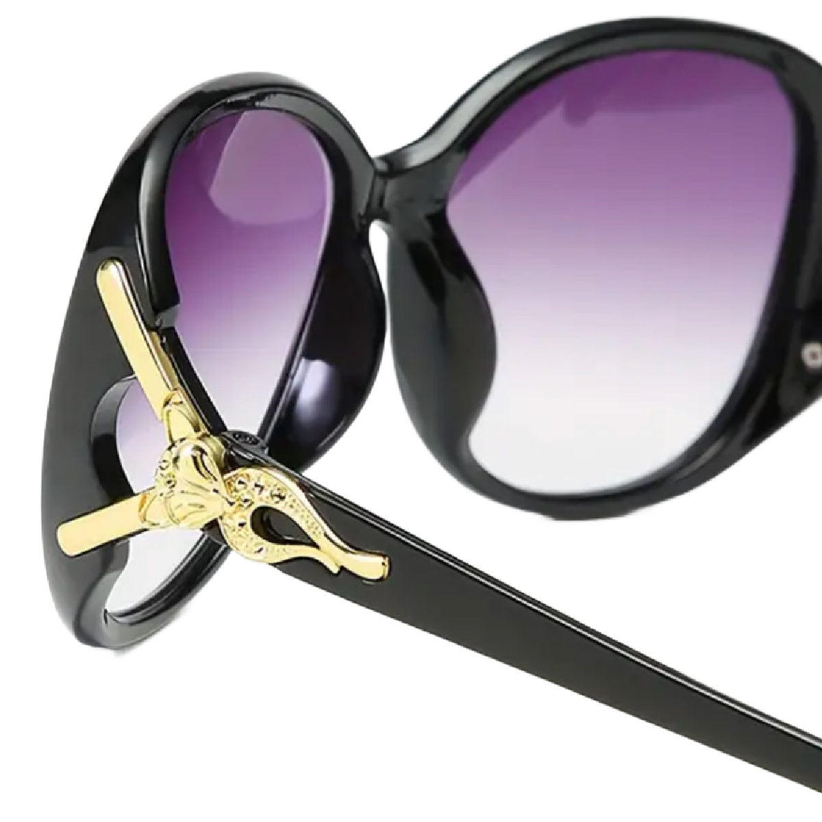 Women's Fashion Black Sunglasses With Gold Fox Head Purple Gradient New Shades