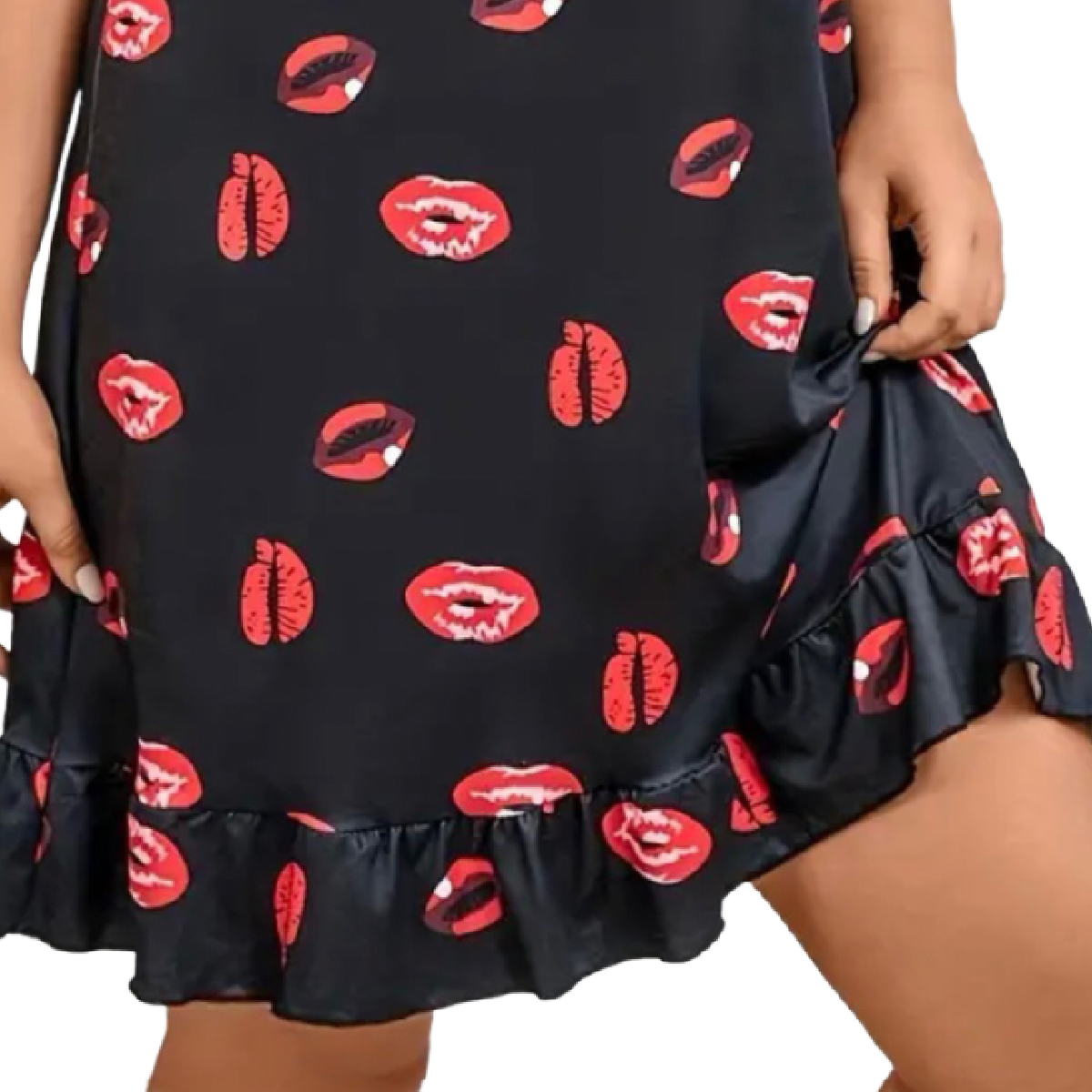 Red Lips Lingerie Slip Nightdress PJ Loungewear Ruffle Trim Sexy Cami Pajamas