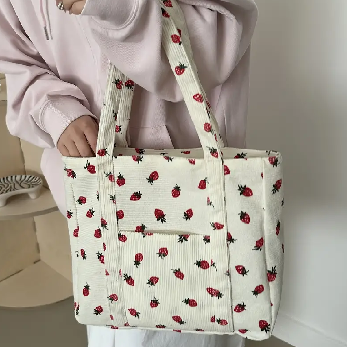 Corduroy Tote Bag Strawberry Pattern Large 13"x12" Shoulder Bag Purse New