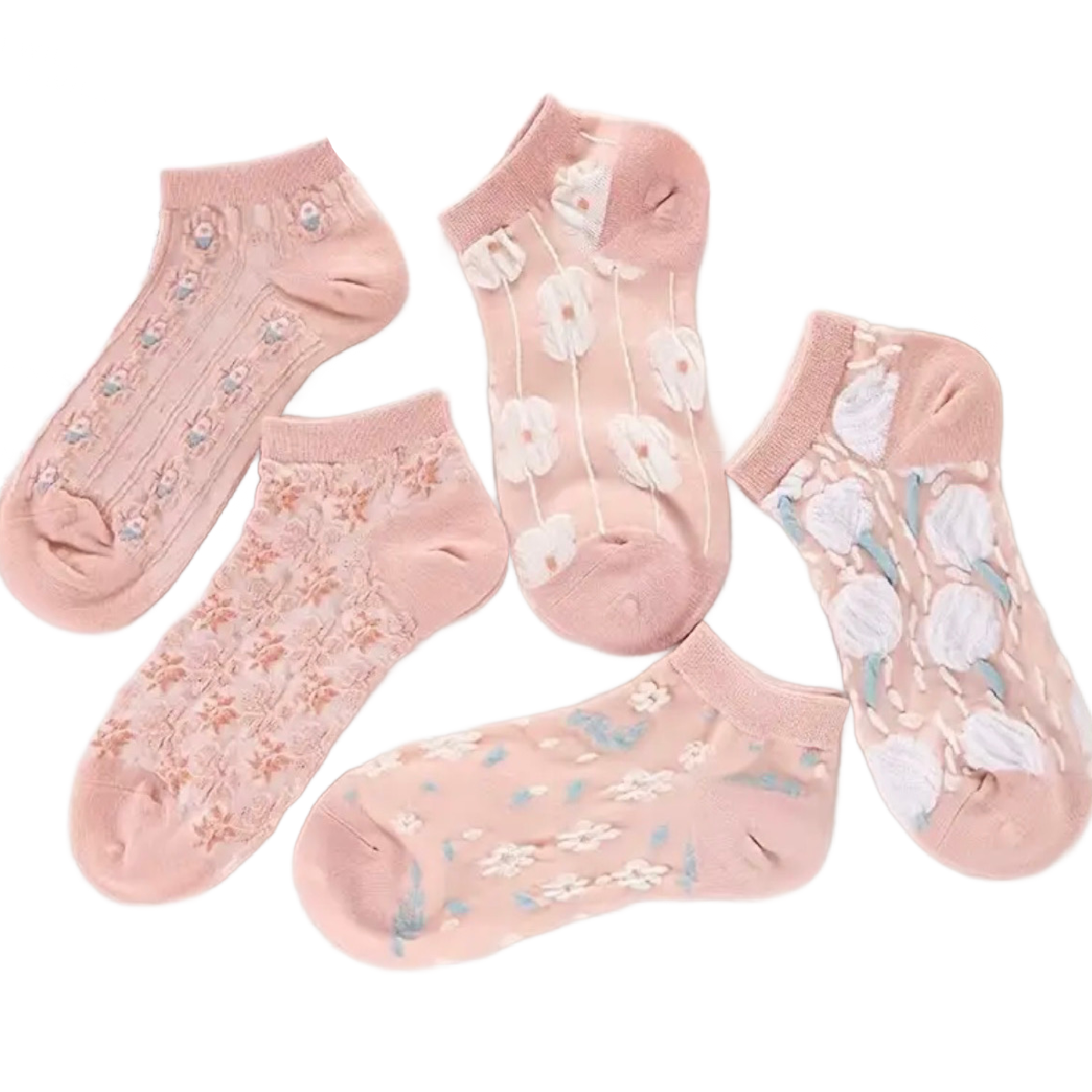 5 Pairs of Kawaii Floral Low Cut Ankle Socks Texture Stockings Hosiery