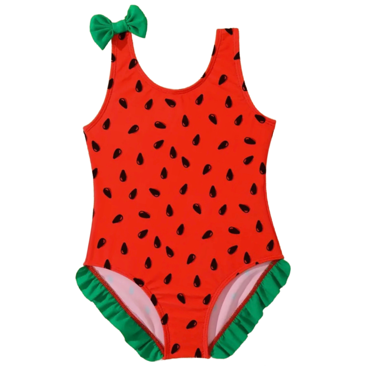 Watermelon One-Piece Swimwear w/ Bow & Ruffle Bathing Swimsuit Wide Straps New