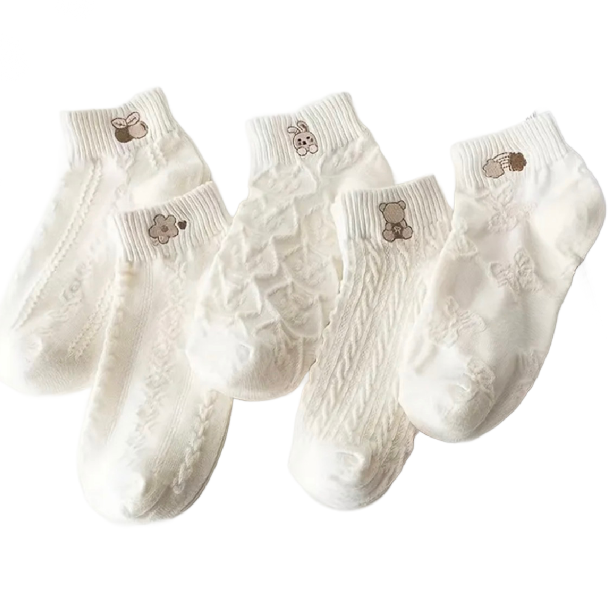 5 Pairs of Low Cut Textured Socks Neutral Embroidered Women's Stockings Hosiery