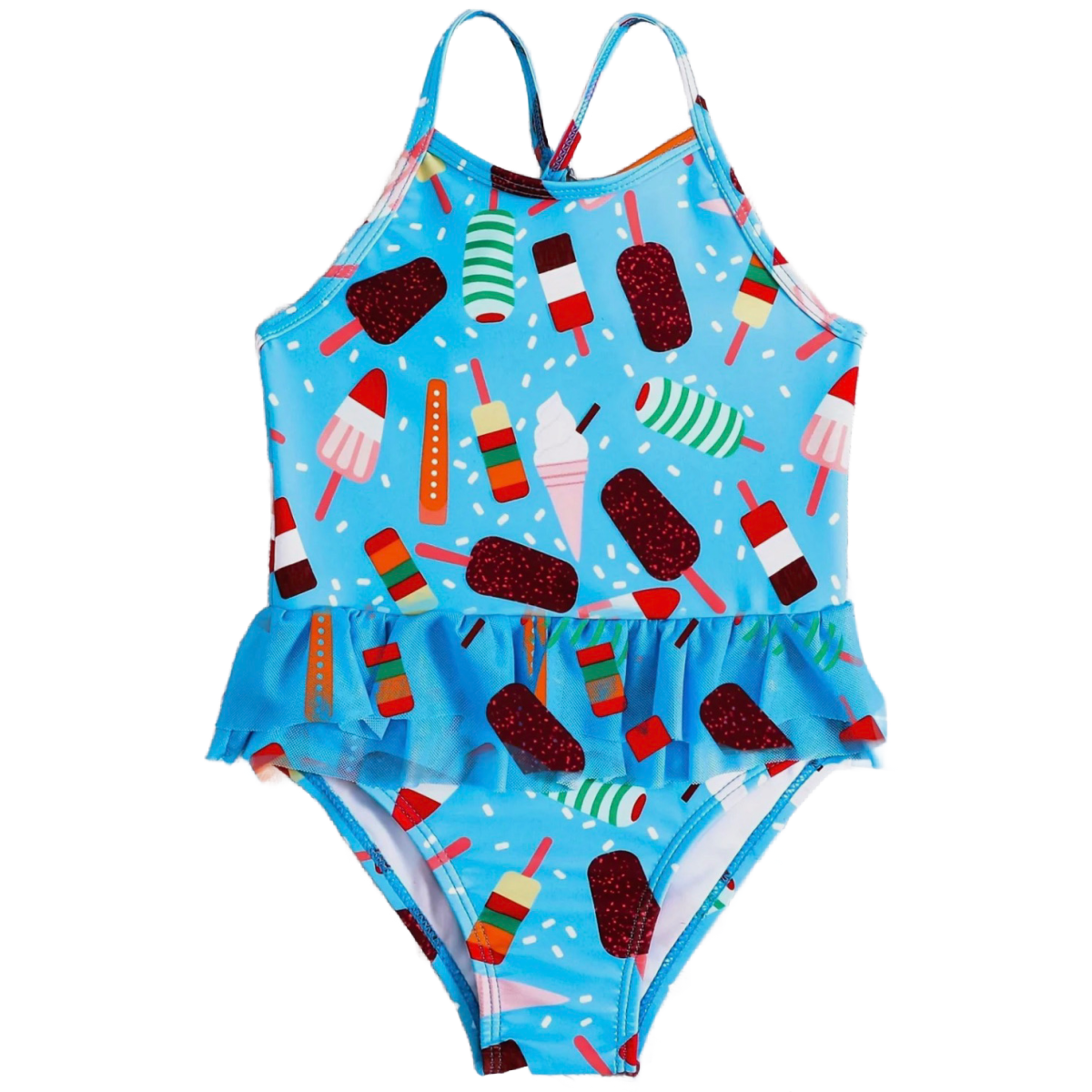 Ice Cream Print Swimwear Girl's Size 4/5 Ruffle Criss-Cross Straps Swimsuit New