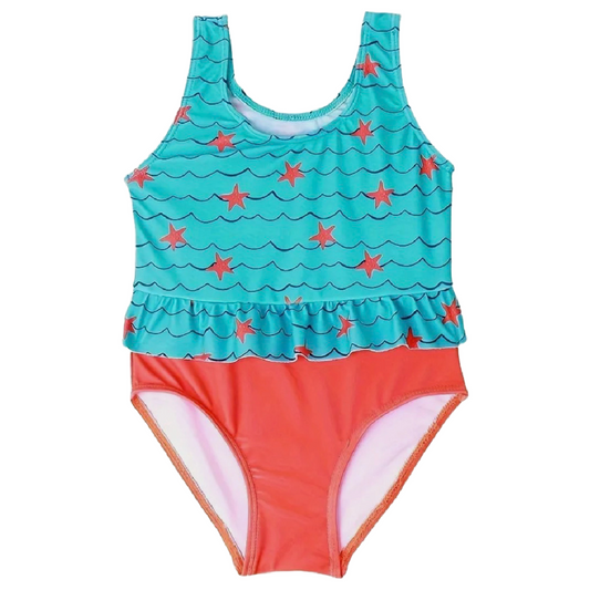 Wave Starfish 1pc Swimwear Size 5/6 Ruffle Trim Bathing Swimsuit Coral Turquoise