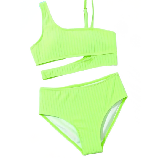 Asymmetrical Bikini 2pc Fluorescent Swimsuit Cut Out Top & Bottom Swimwear New