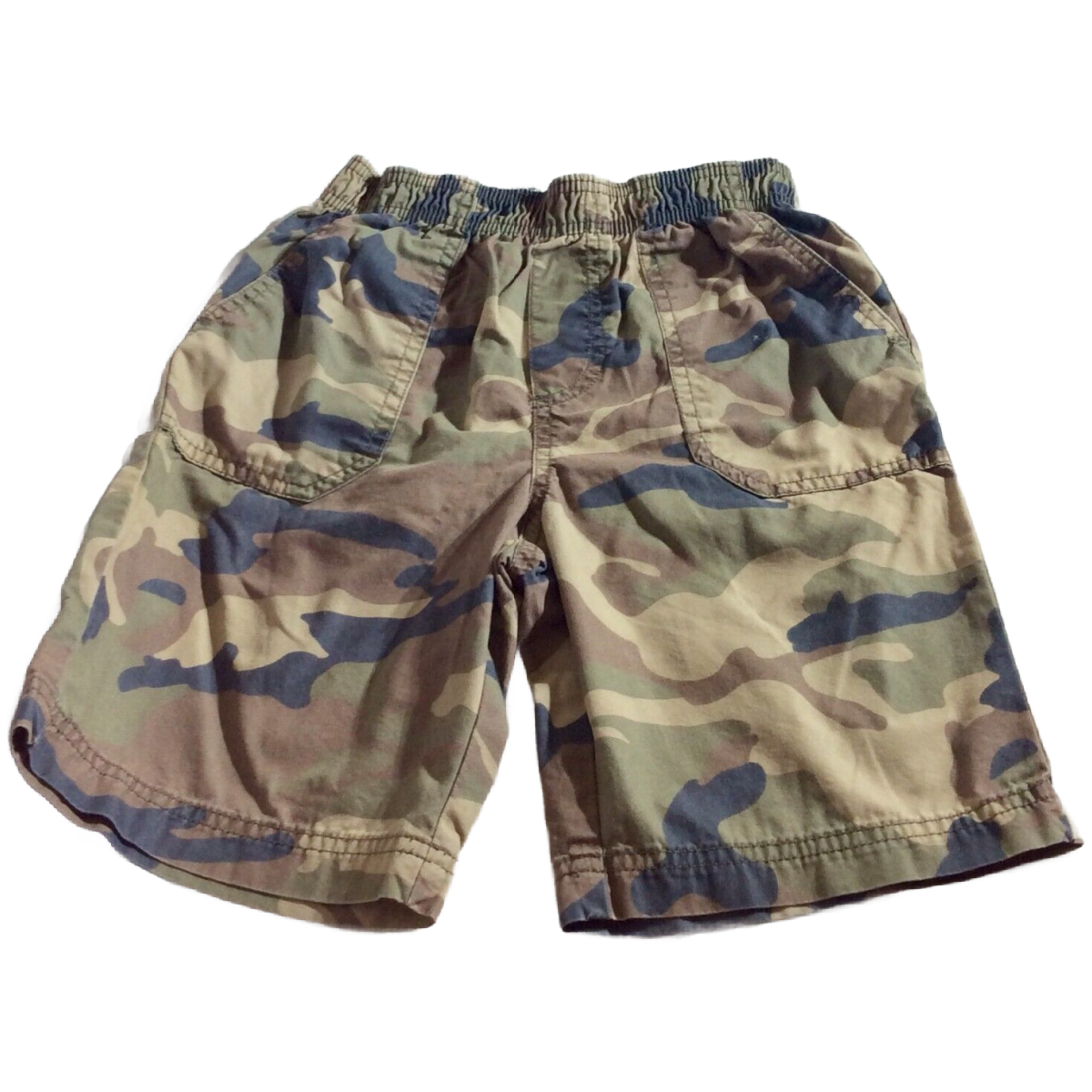 Lot of 2 Faded Glory Shorts Boys Size 6/7 Small Camo & Navy Blue Elastic Waist
