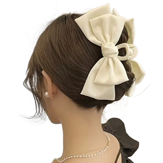 Cream Satin Ribbon Bowknot Hair Claw Shark Clip Large 5.9" New Neutral Accessory