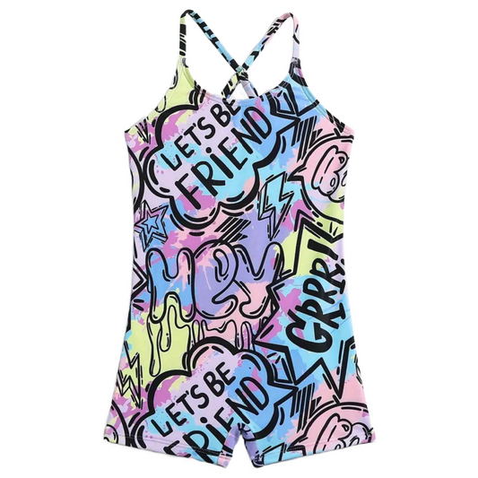 Chic Graffiti High Waist Jumpsuit Swimwear Girls Criss-Cross Straps Swimsuit New