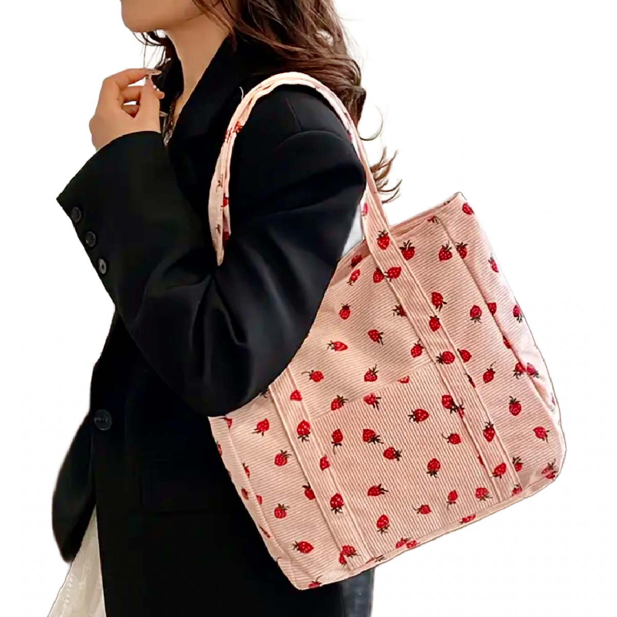 Corduroy Tote Bag Strawberry Pattern Large 13"x12" Shoulder Bag Purse New