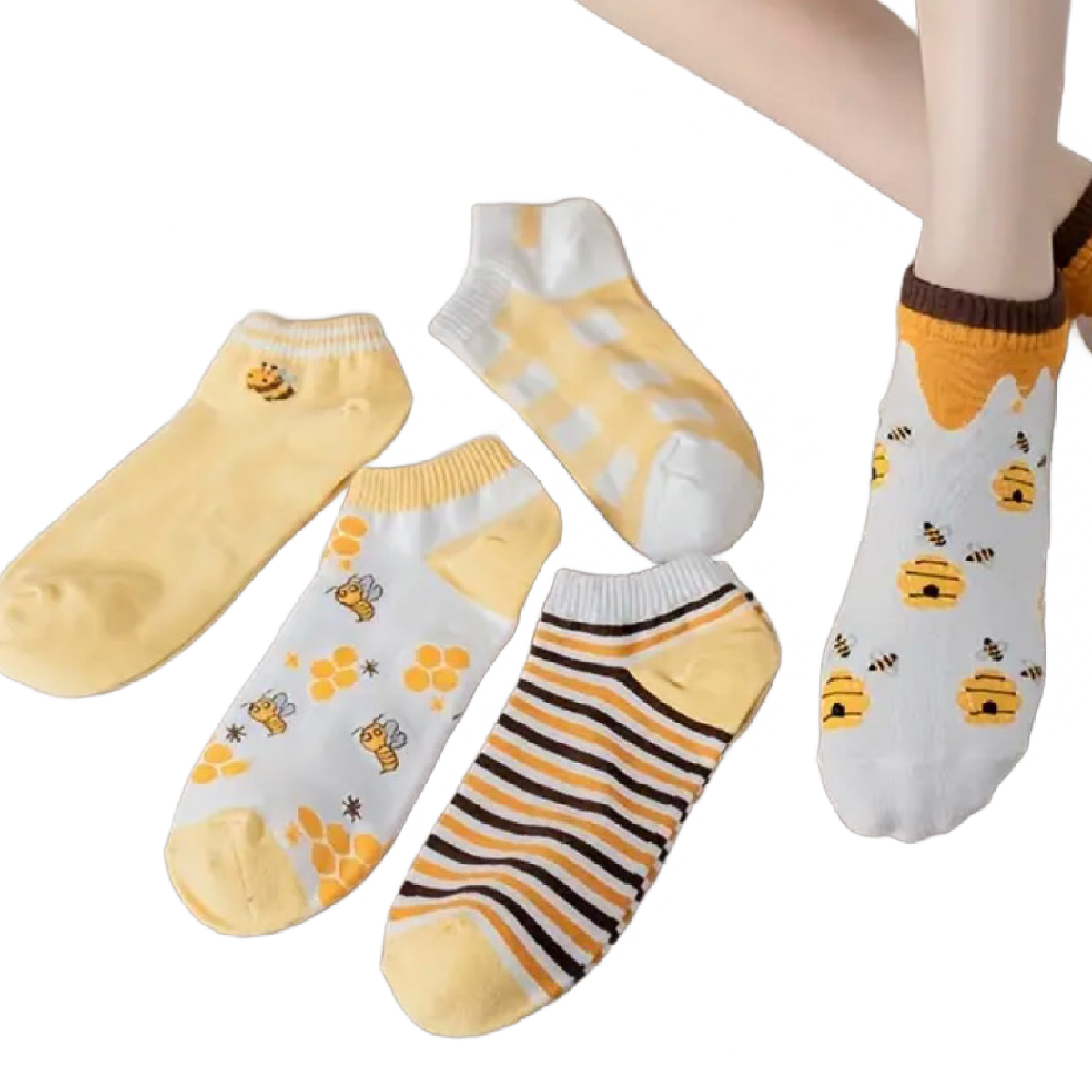 5 Pairs Socks Bumble Bee Low Cut Ankle Cute Insect Women's Stockings Hosiery Lot