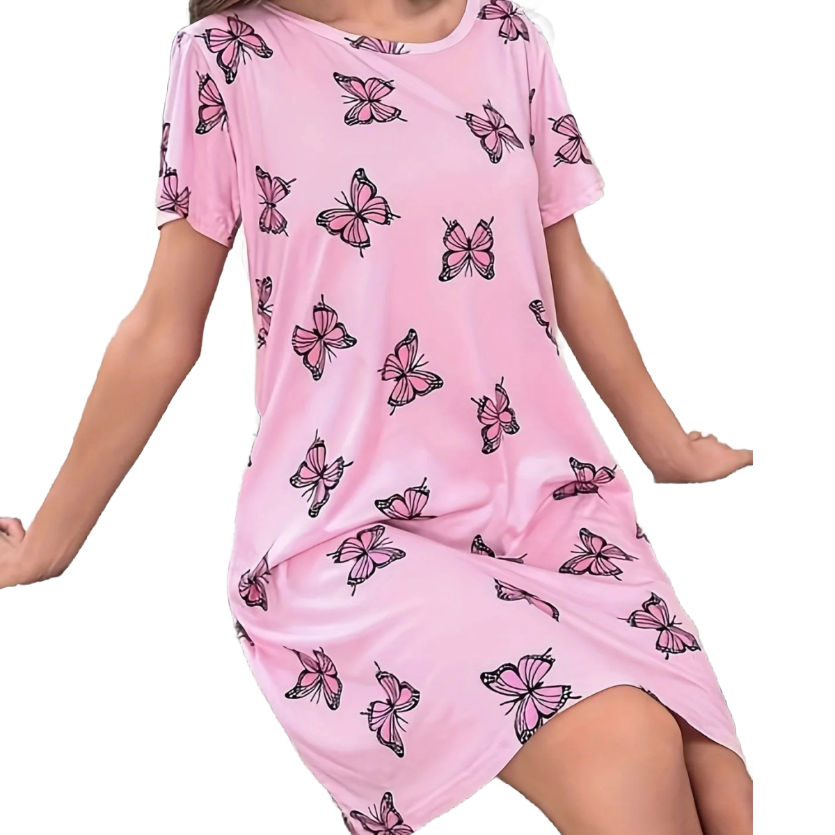 Casual Pink Butterfly Nightdress Crew Neck Short Sleeve Soft Sleep Dress New