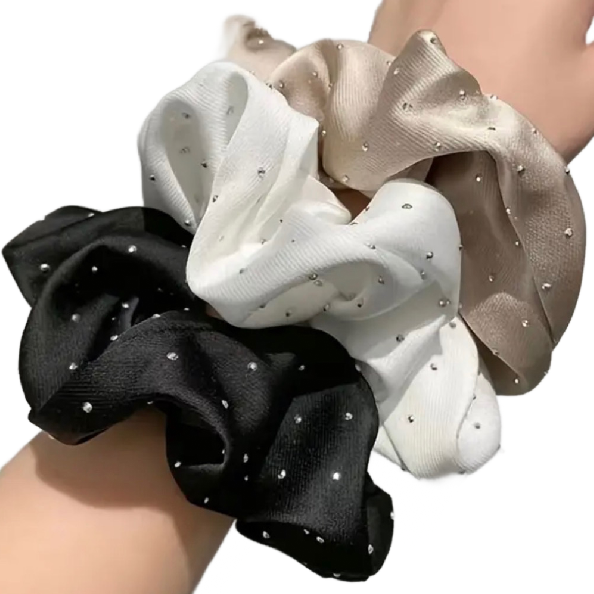 3pc Large Satin Hair Scrunchies Rhinestones Elegant Set Comfortable Lot NEW