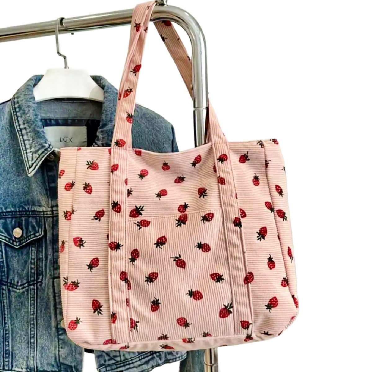 Corduroy Tote Bag Strawberry Pattern Large 13"x12" Shoulder Bag Purse New