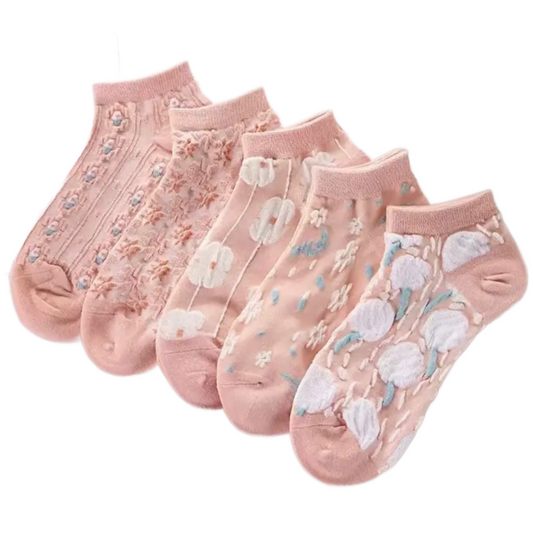 5 Pairs of Kawaii Floral Low Cut Ankle Socks Texture Stockings Hosiery