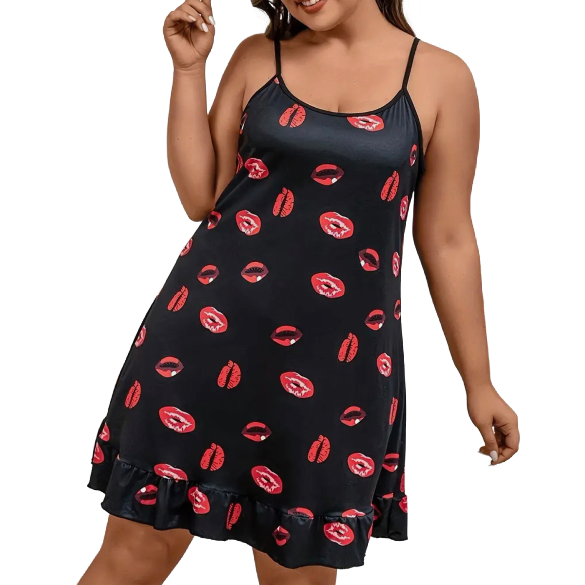 Red Lips Lingerie Slip Nightdress PJ Loungewear Ruffle Trim Sexy Cami Pajamas