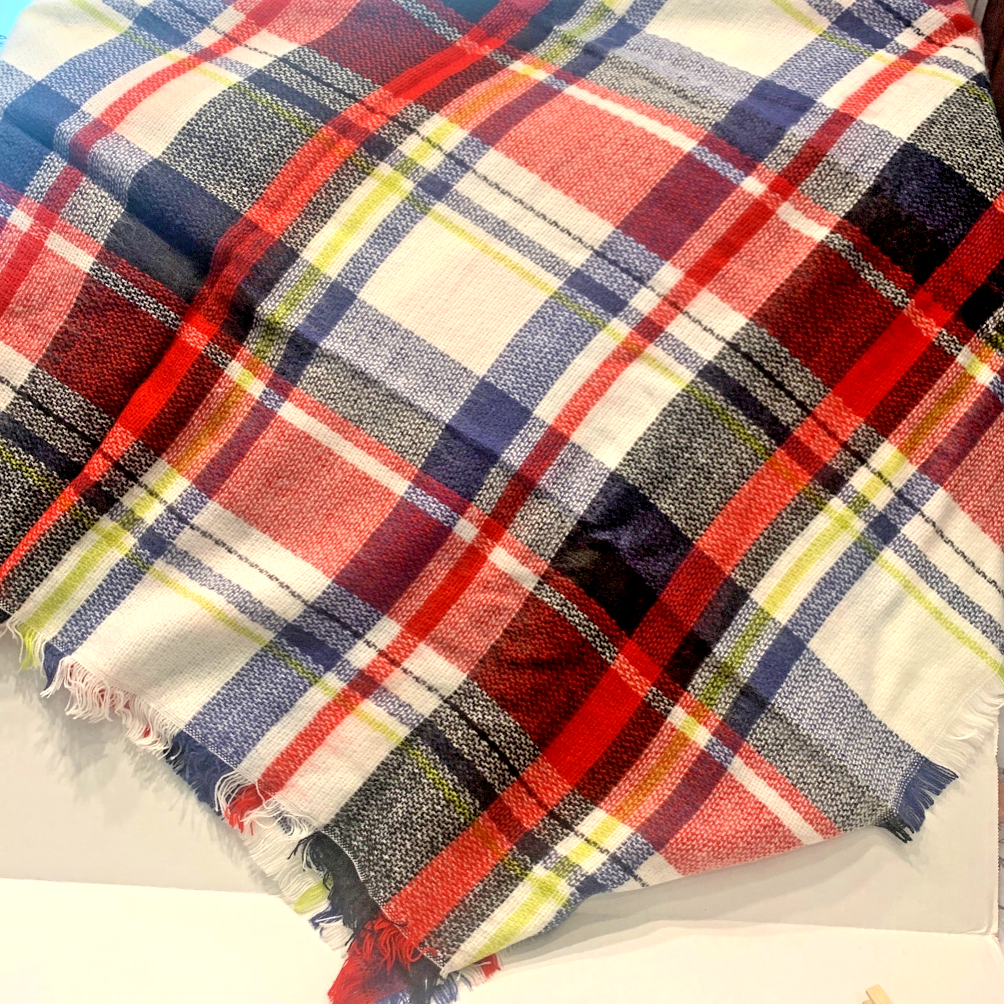 Large Plaid Blanket Wrap Scarf Square 47” Red Blue Green White Soft Acrylic