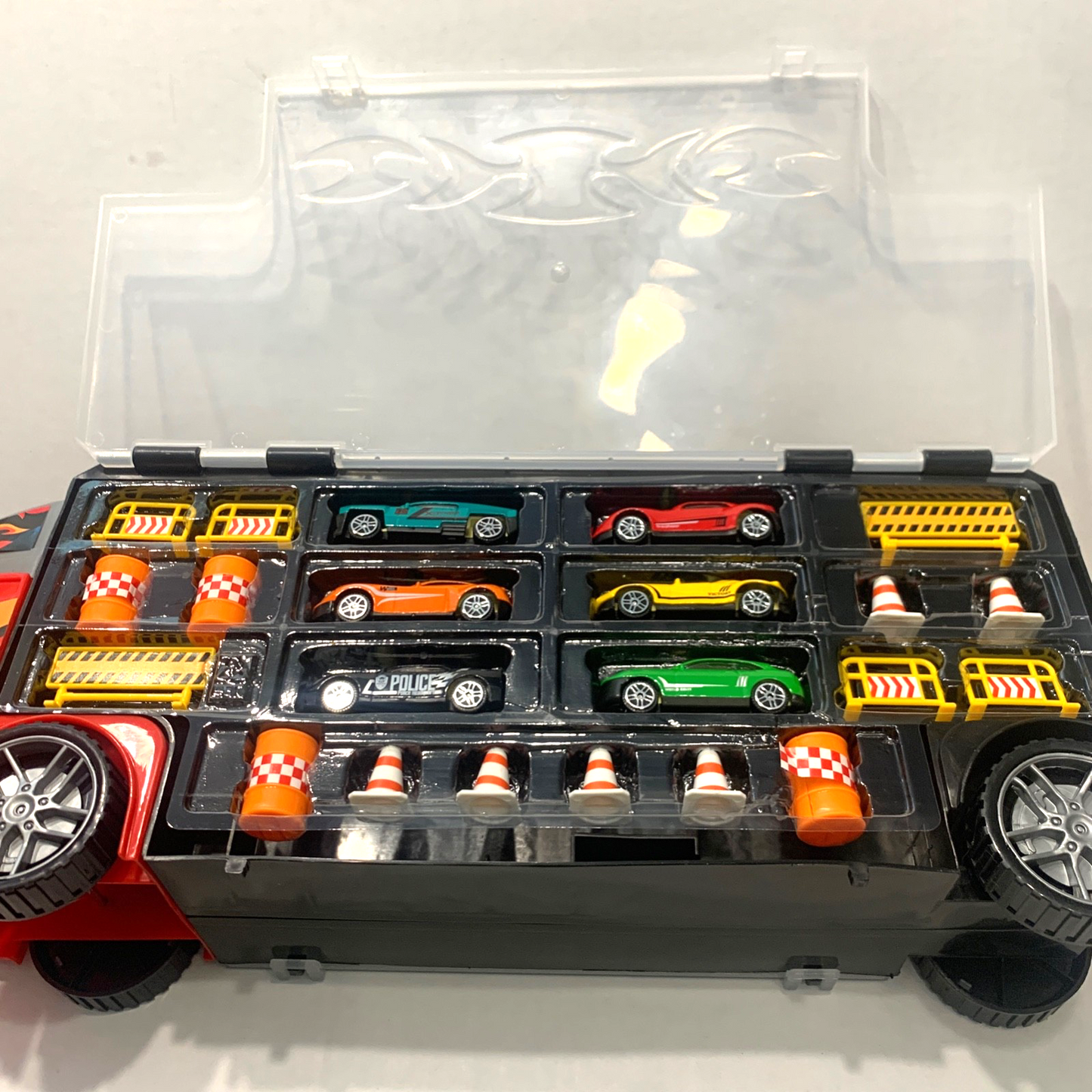 Kids Transport Car Carrier Truck Toy, 6 Die-Cast Vehicles & Road Accessories New