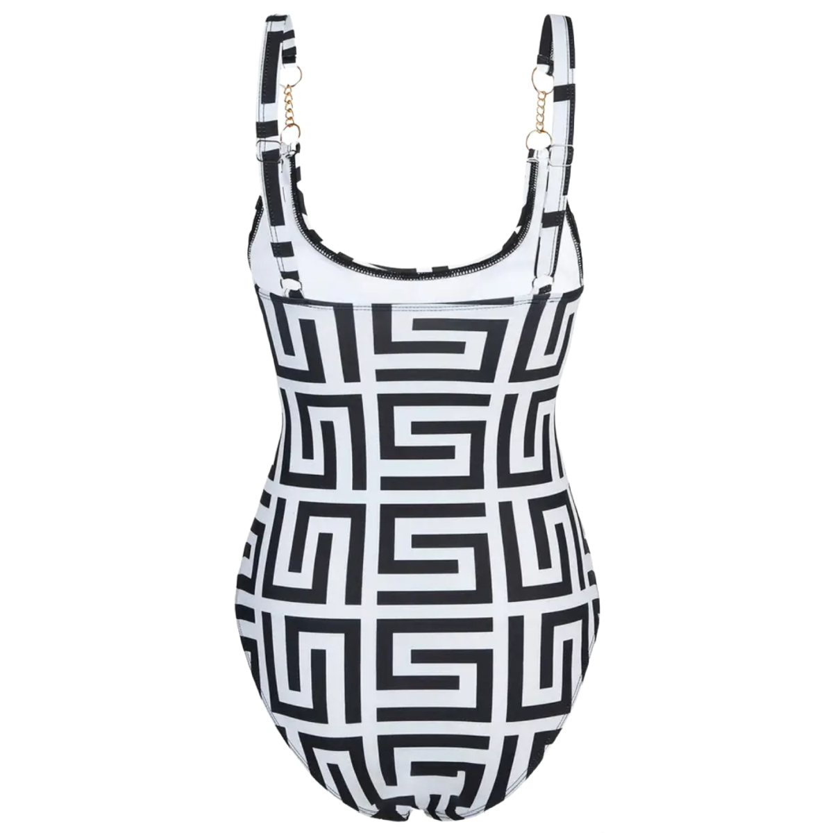 Geometric Grid Swimsuit Size 12 XL Ring Chain Detail Removable Pads Black White