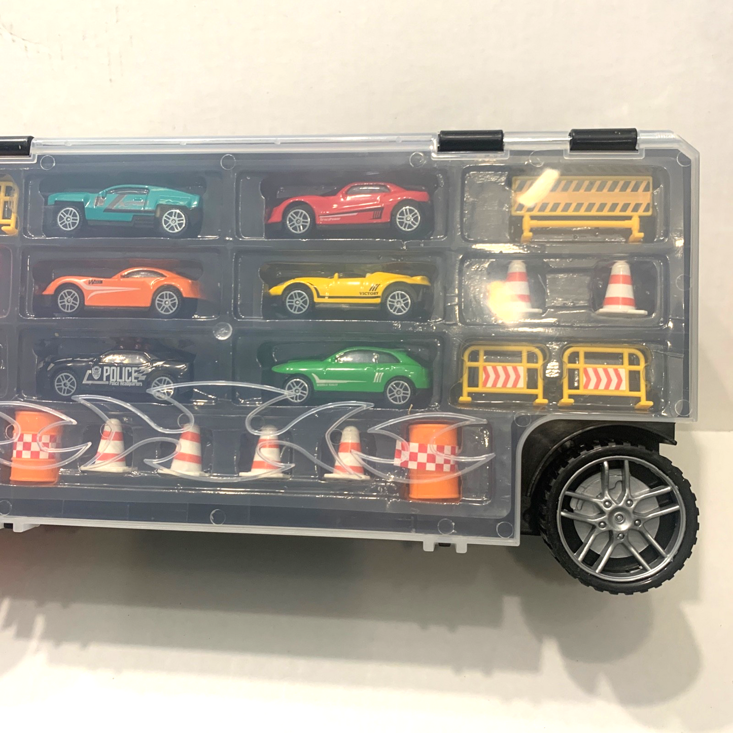 Kids Transport Car Carrier Truck Toy, 6 Die-Cast Vehicles & Road Accessories New