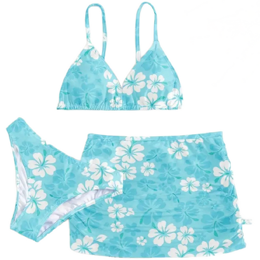 3pc Floral Swimwear Girl's Size 9/10 Bikini Top Brief Swimsuit & Cover Skirt Set