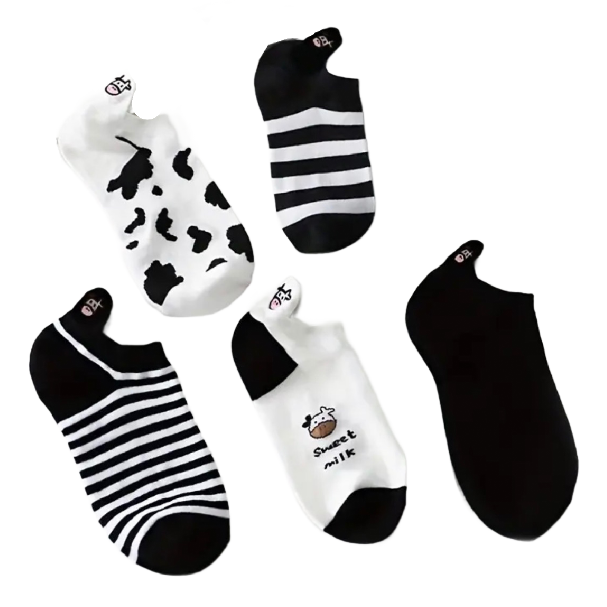 5 Pairs of Cow Stripe Socks Low Cut Ankle White Black Women's Stockings Hosiery