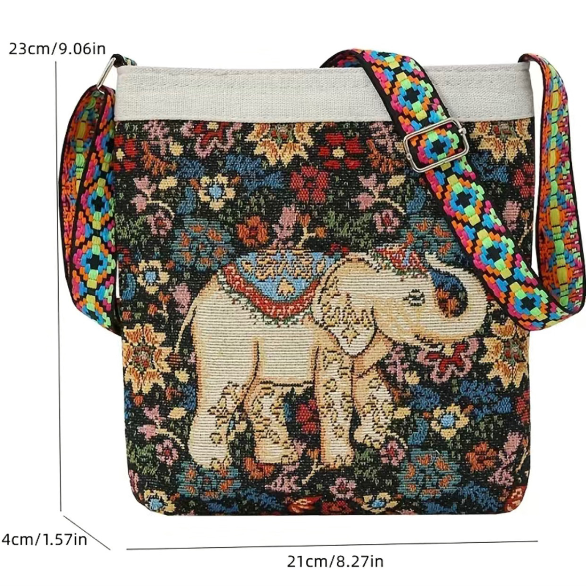 Elephant Embroidered Tote Purse Colorful Floral Crossbody Bag Zipper Pocket NEW