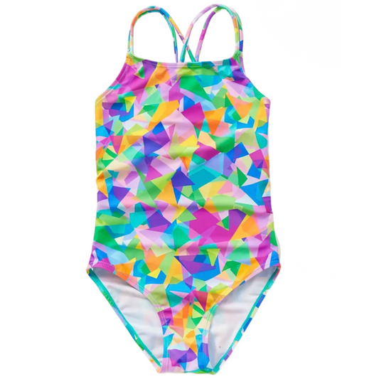 Colorful Geometric Pattern Print Swimwear Girls Criss-Cross Straps Swimsuit New