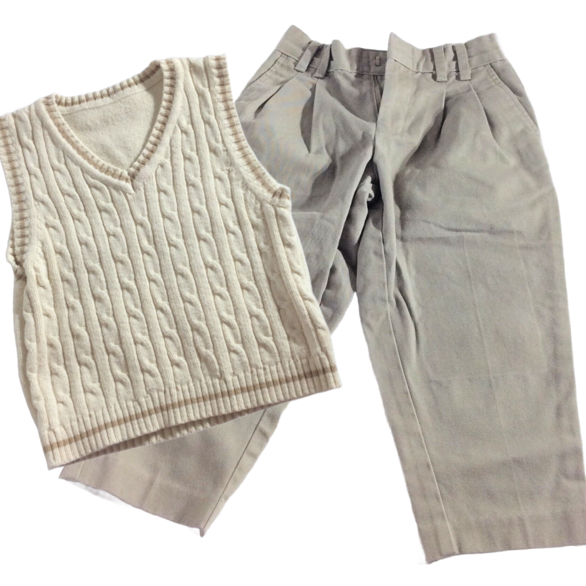 2pc Cable Sweater Vest & Khaki Chino Pants Lot Toddler Boy Size 4 / 4T Cream Tan