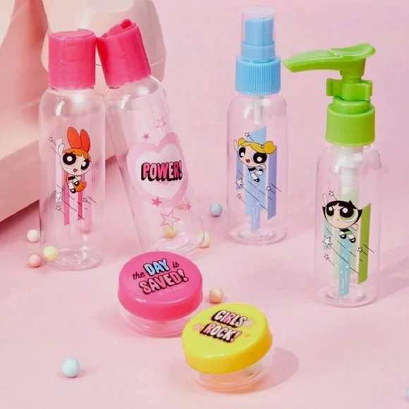 Powerpuff Girls 25pc Lot Travel Bottles, Sponges, Puffs, Tweezers, Hair Clips