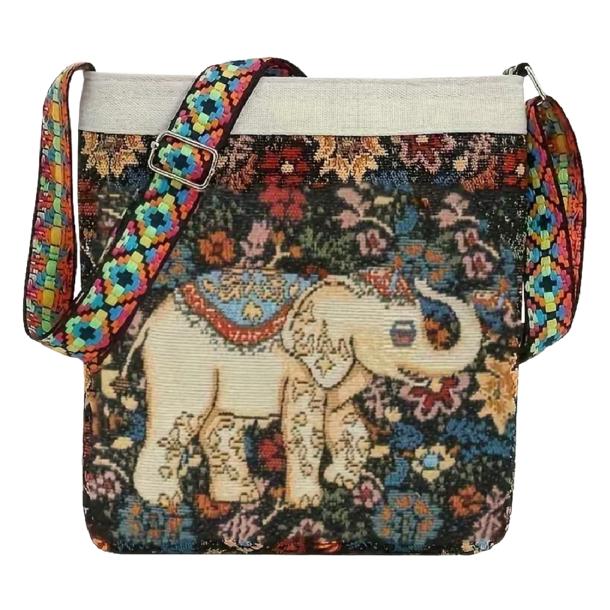 Elephant Embroidered Tote Purse Colorful Floral Crossbody Bag Zipper Pocket NEW