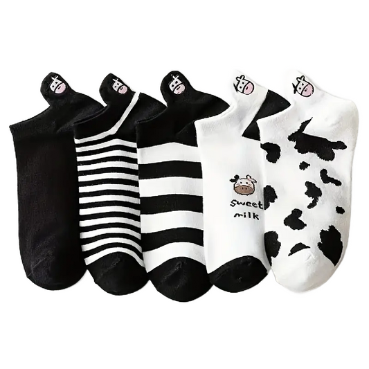 5 Pairs of Cow Stripe Socks Low Cut Ankle White Black Women's Stockings Hosiery