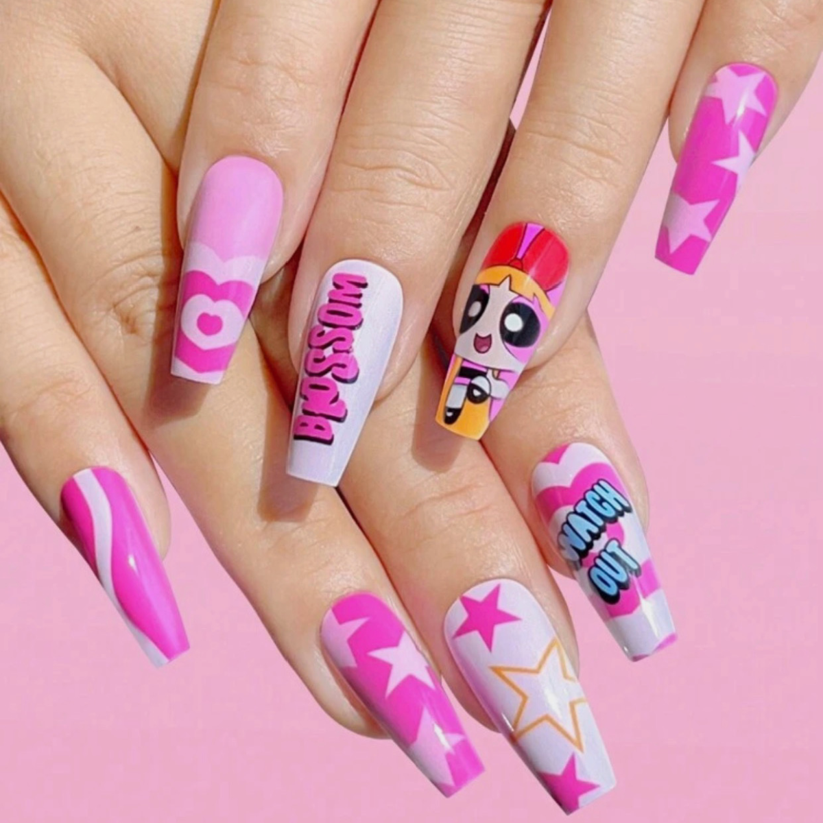 Powerpuff Girls Reusable Press-On Nails Set, Jelly Sticker, File, Cuticle Stick