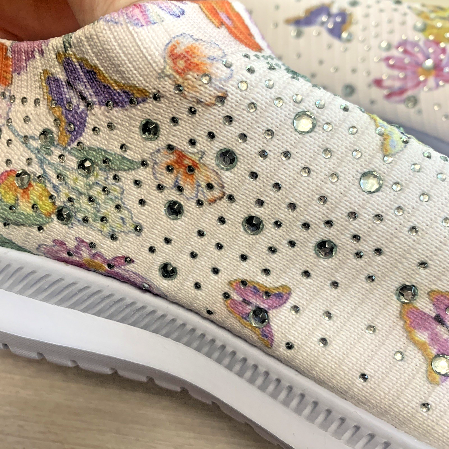 Women's Floral Rhinestone Knit Slip-On Sneakers Size 10.5 Colorful Shoes NWOT