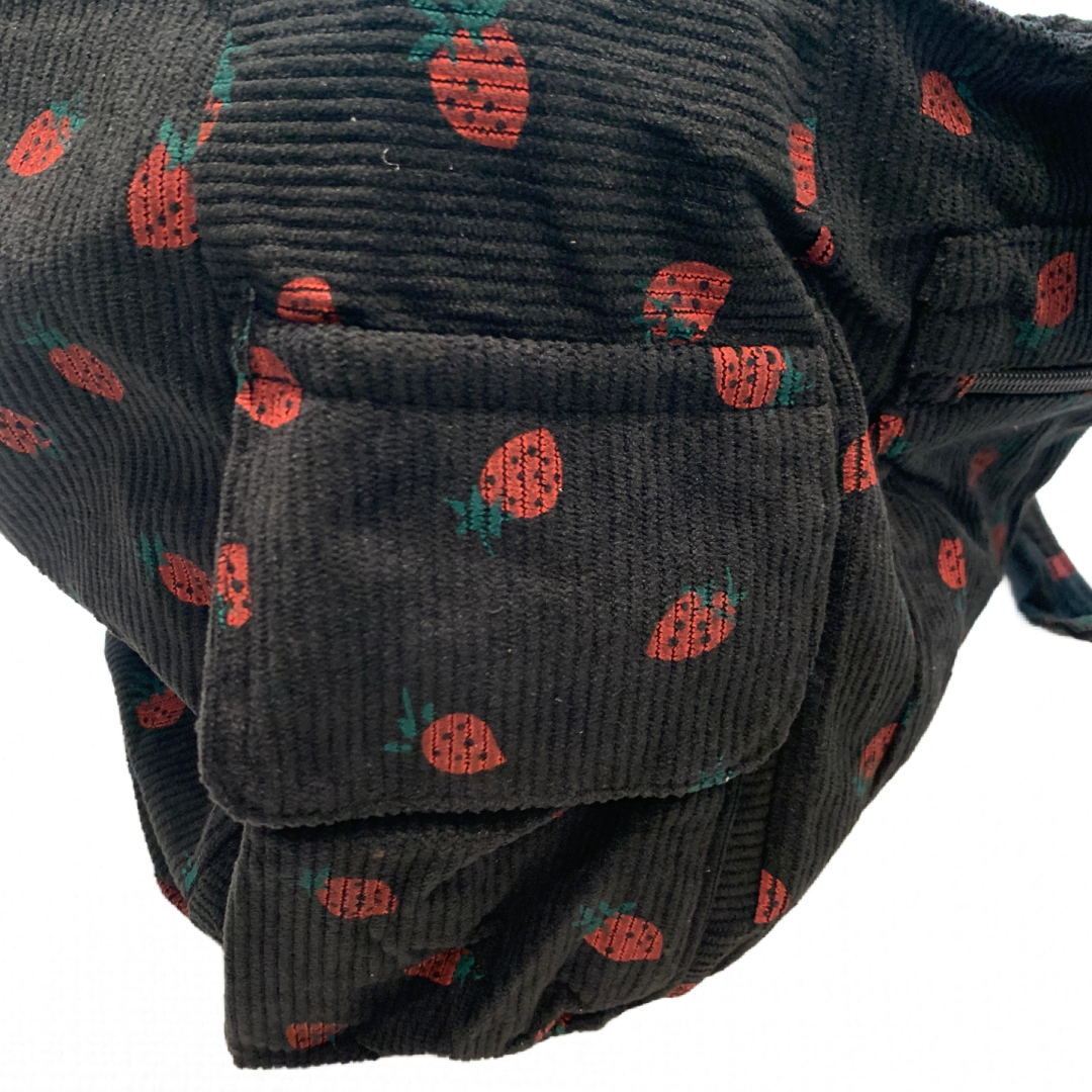 Black Corduroy Zipper Front Tote Bag Strawberry Pattern Shoulder Bag Purse New
