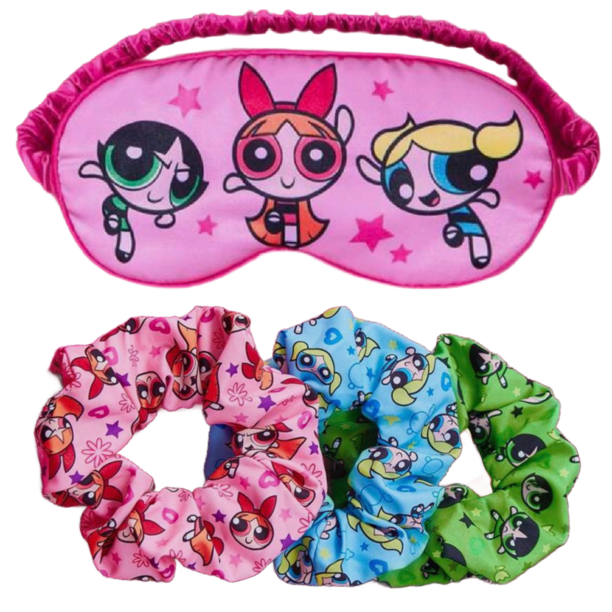 4pc Powerpuff Girls Satin Sleeping Eye Mask & Hair Scrunchies Comfy Bedtime New