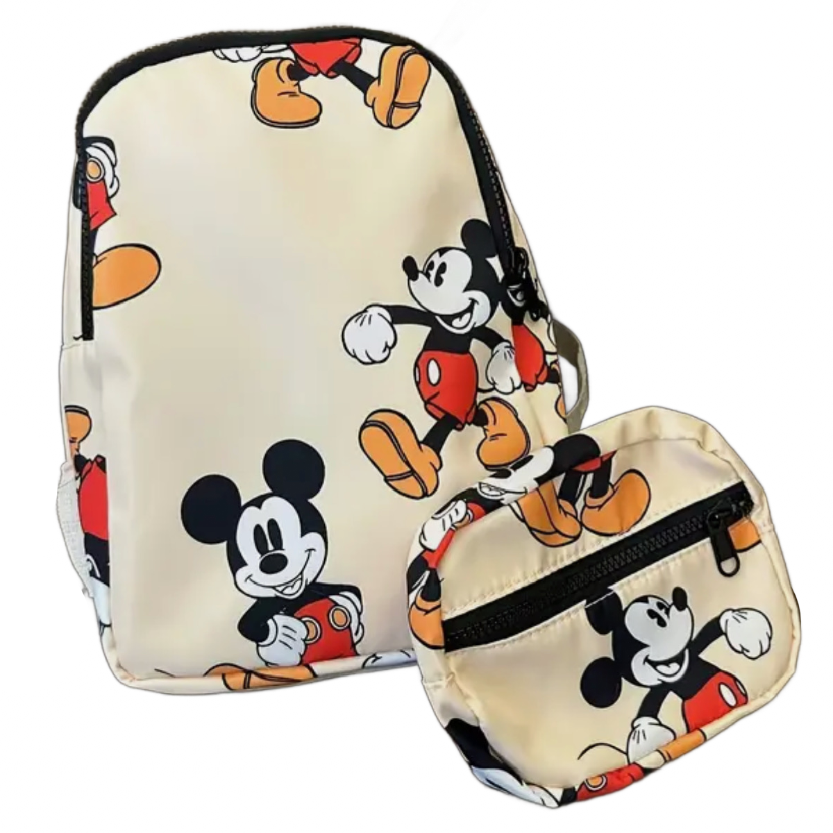 Disney Mickey Mouse Small Backpack Detachable Pouch Neutral Apricot Beige New