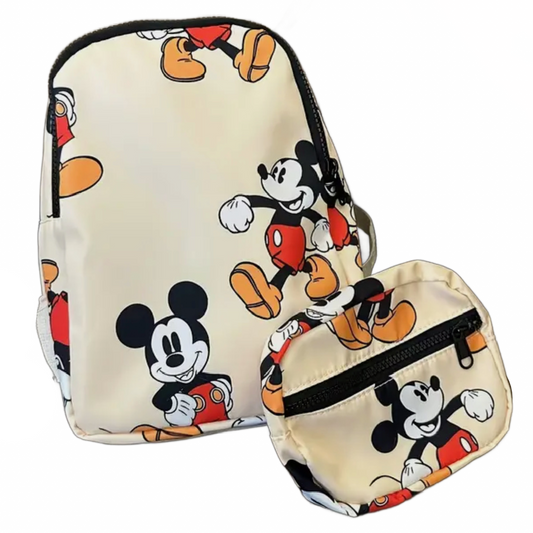 Disney Mickey Mouse Small Backpack Detachable Pouch Neutral Apricot Beige New