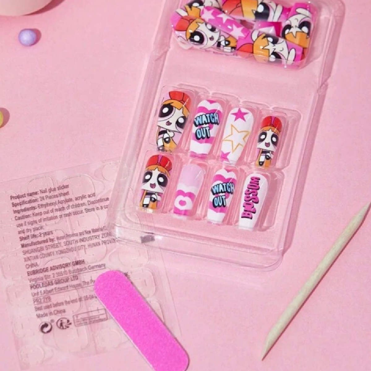 Powerpuff Girls Reusable Press-On Nails Set, Jelly Sticker, File, Cuticle Stick